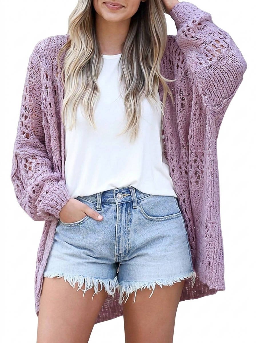 Women's Oversized Crochet Longline Cardigan - Purple
