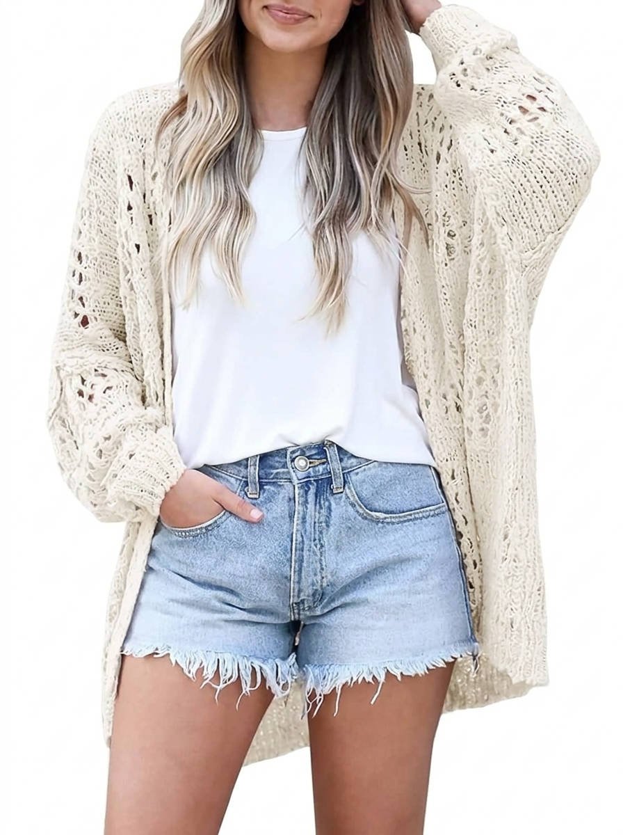 Women's Oversized Crochet Longline Cardigan - White
