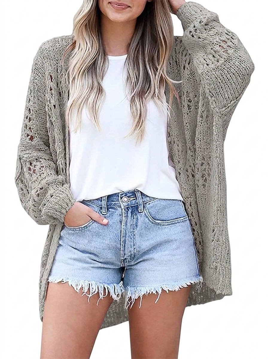 Women's Oversized Crochet Longline Cardigan - Gray