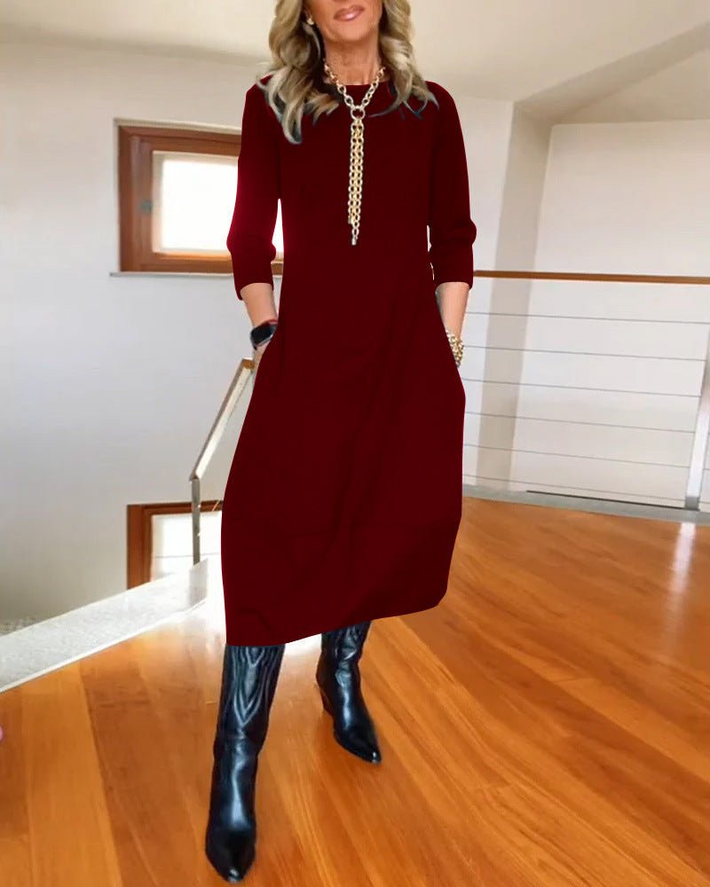 Women's Oversized Knit Midi Dress - Burgundy