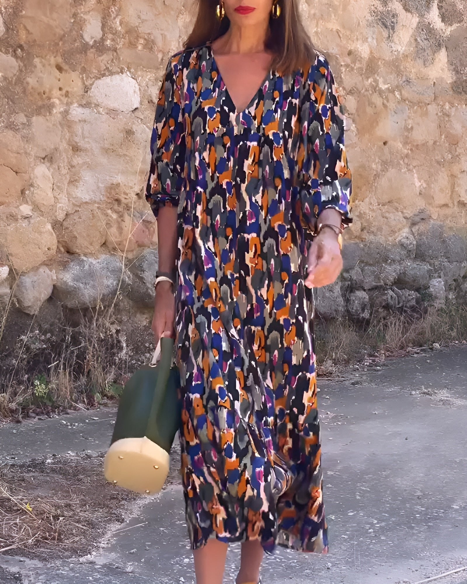 Women's V-Neck Midi Dress - Multicoloured