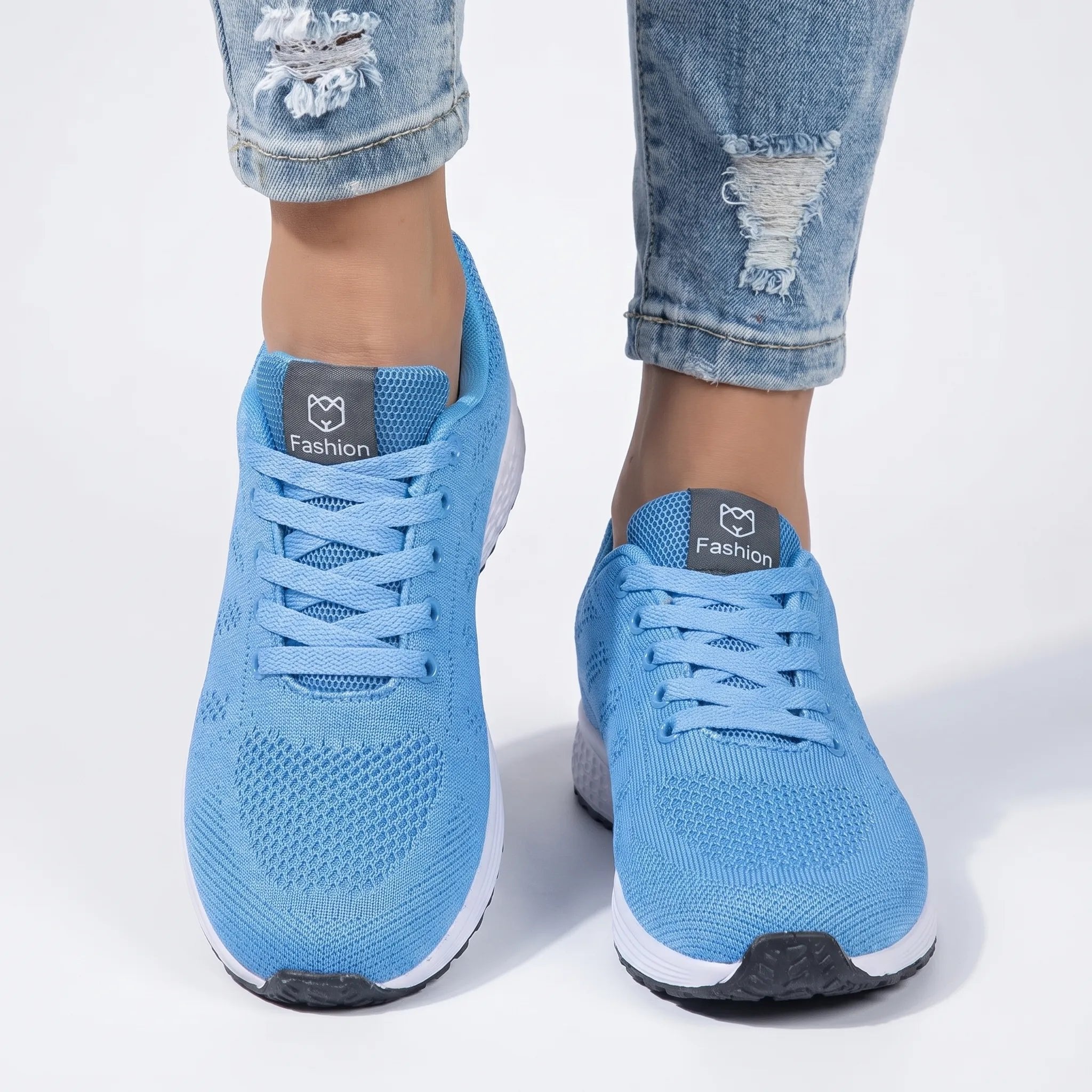 Women's Knit Lace-Up Trainers - Sky Blue