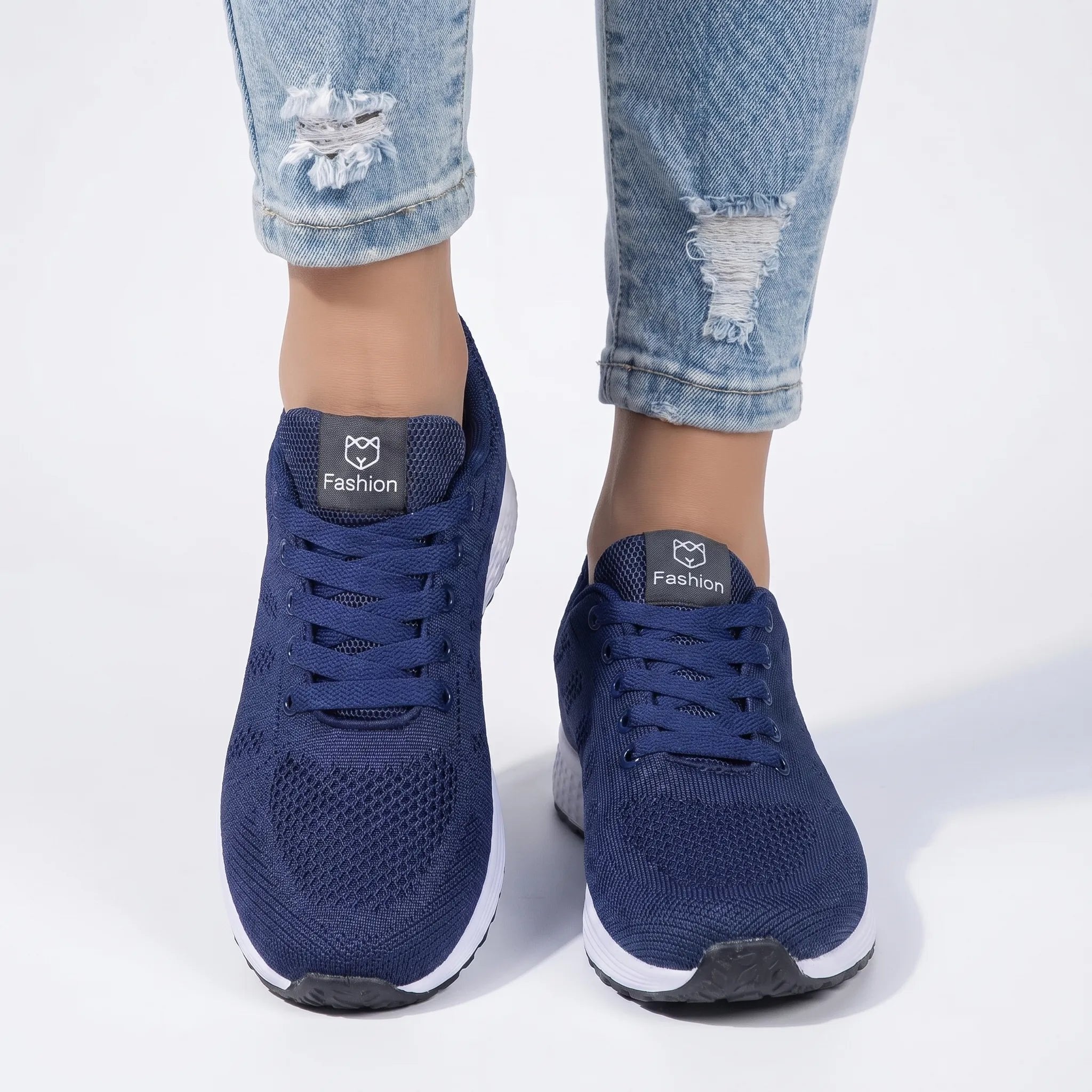 Women's Knit Lace-Up Trainers - Navy Blue