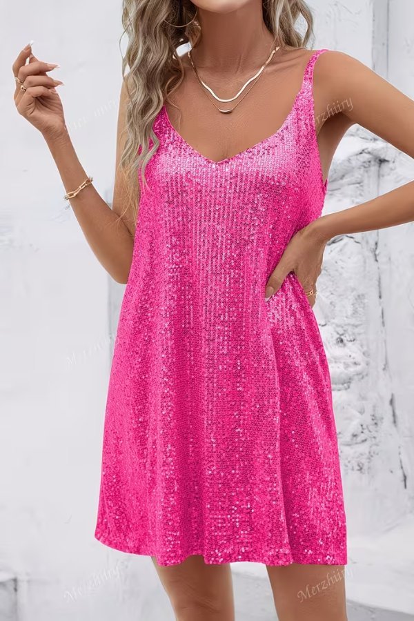 Women's V-Neck Sequin Mini Party Dress - Red Rose