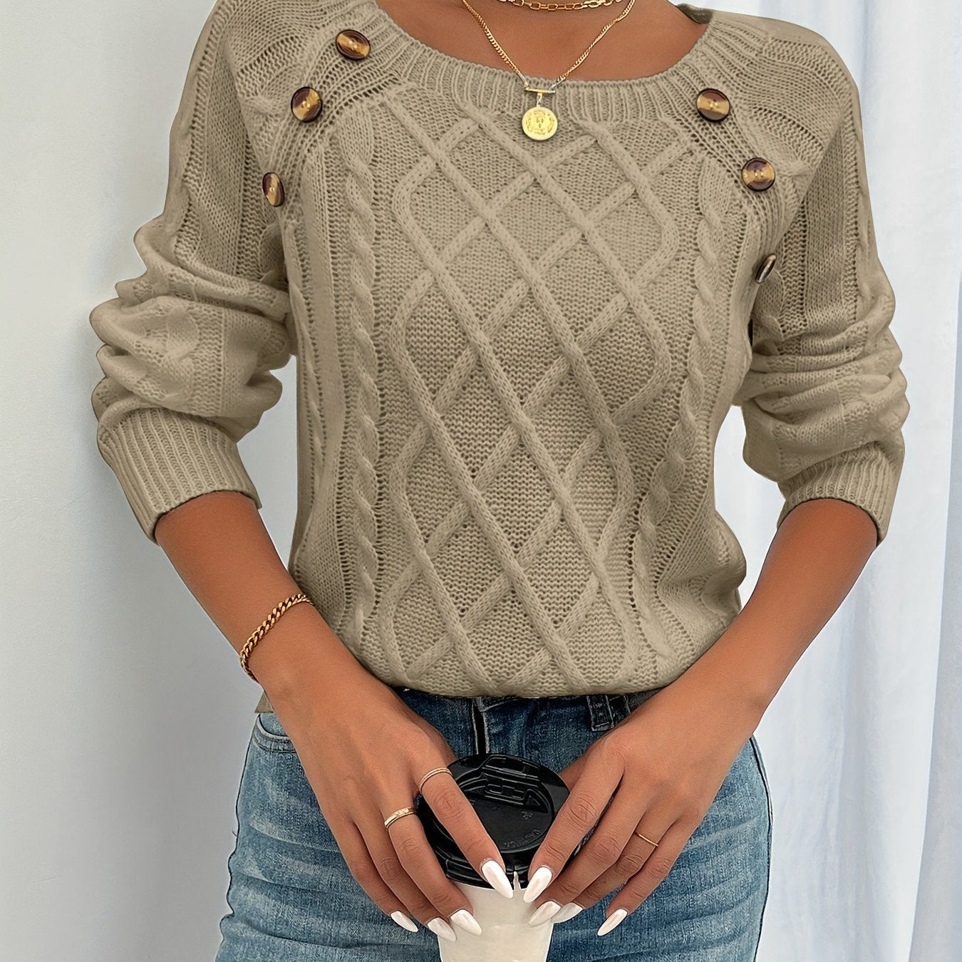 Women's Cable Knit Scoop-Neck Jumper - Khaki