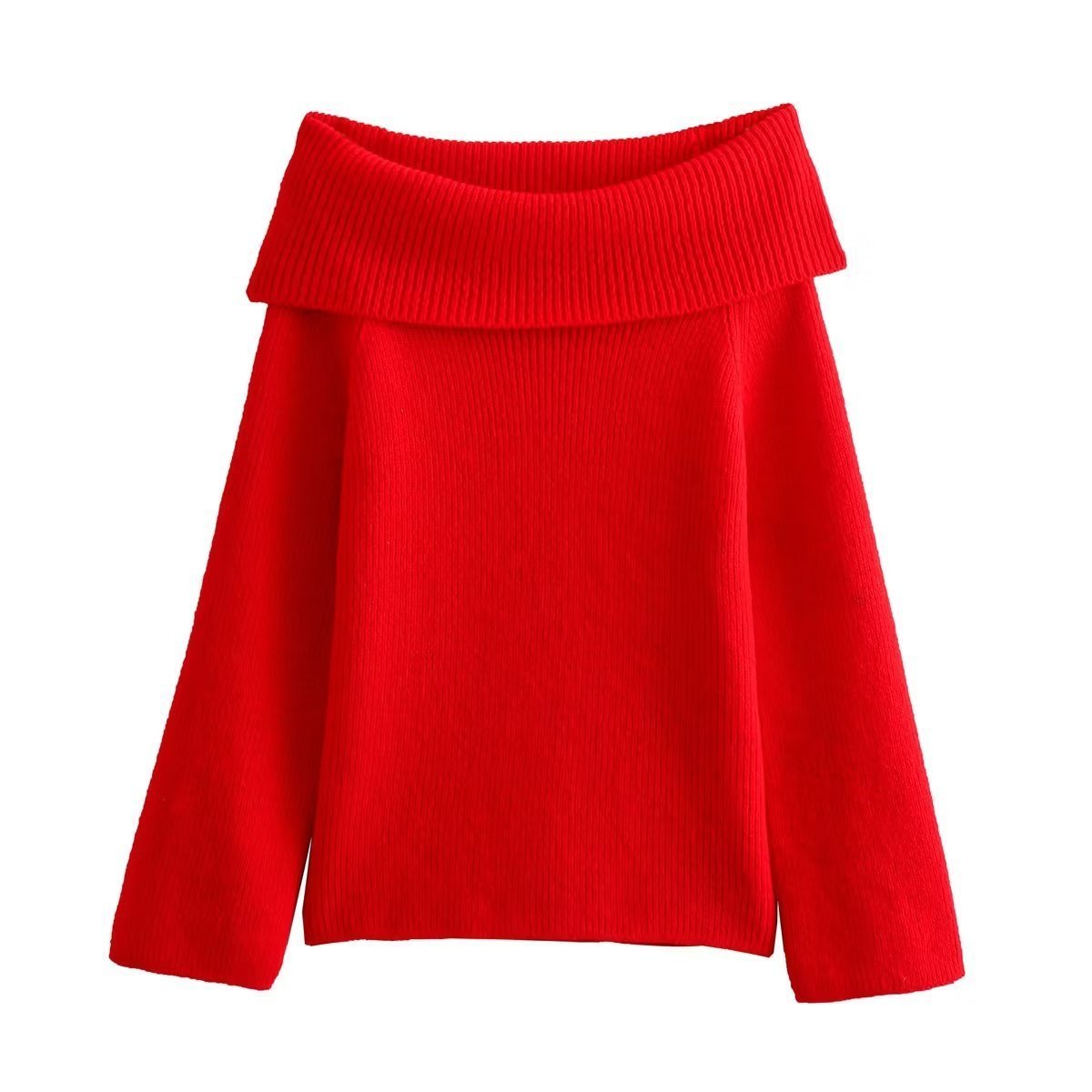 Women's Off-Shoulder Knit Ribbed Jumper - Red