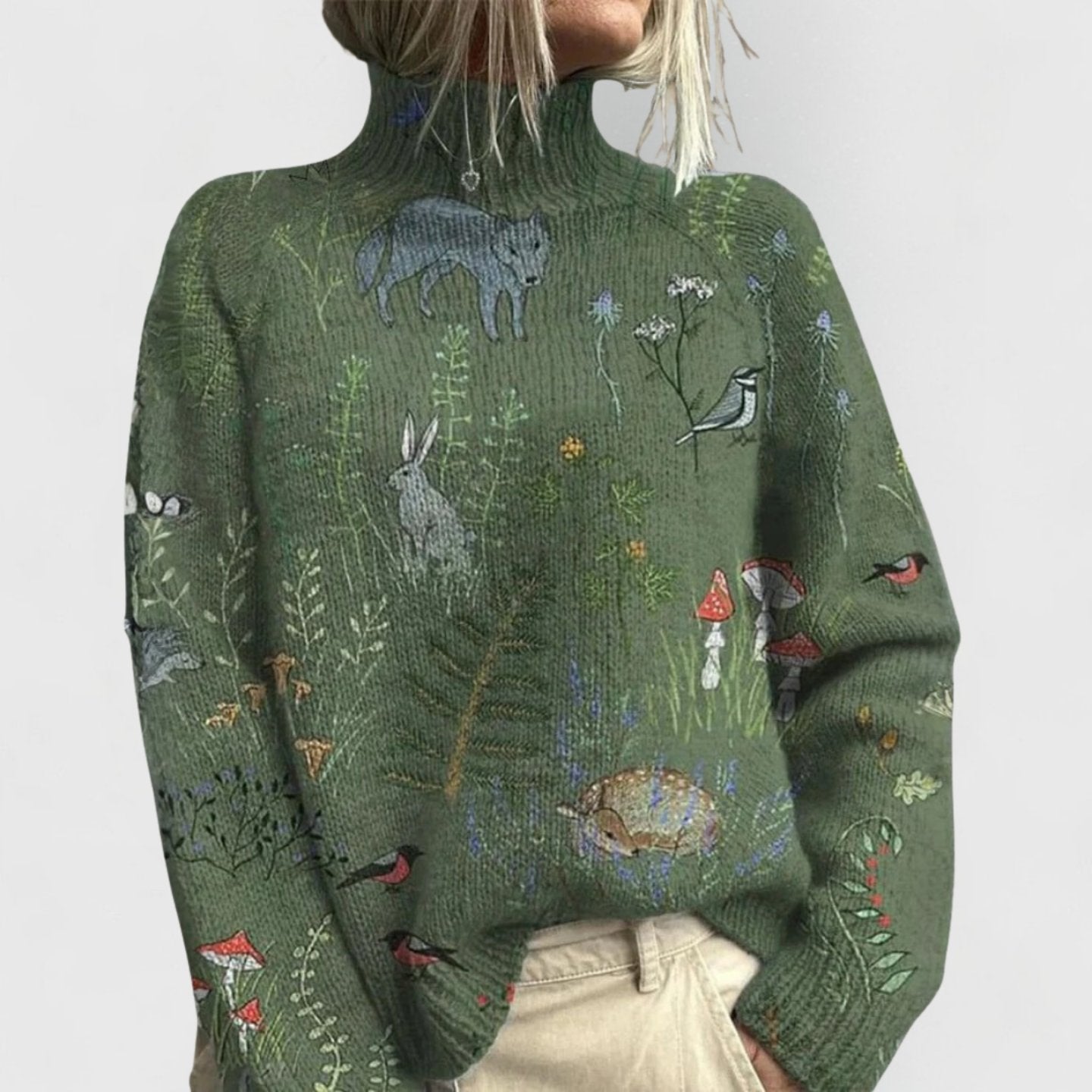 Women's Oversized Floral Knit Ribbed Jumper - Green