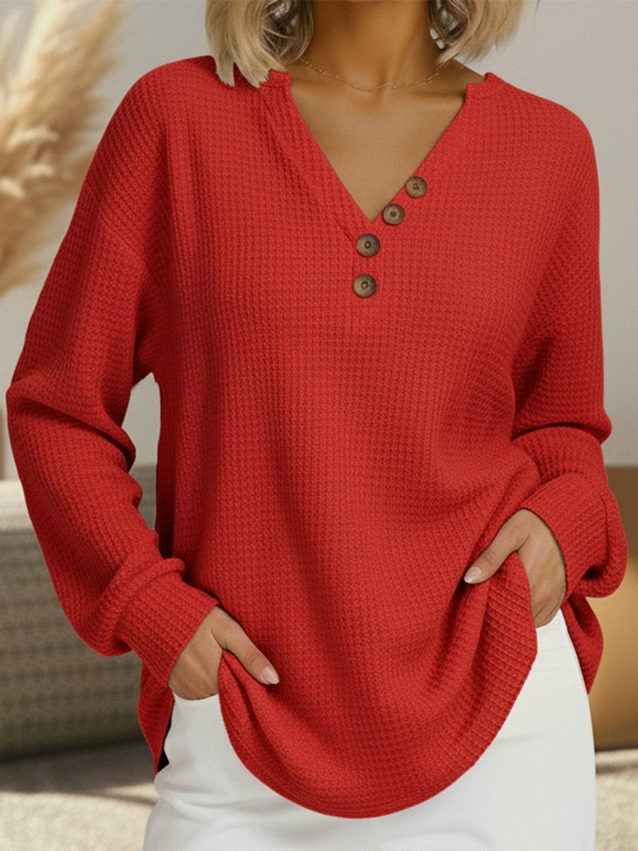 Women's Oversized Waffle Knit Henley Long Sleeve Top - Red