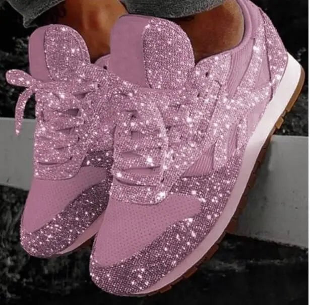 Women's Glitter Lace-Up Running Trainers - Pink