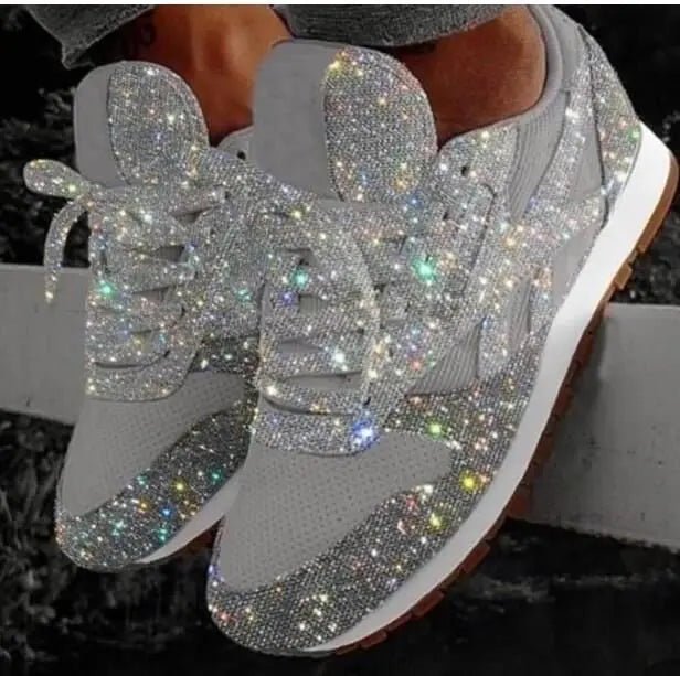 Women's Glitter Lace-Up Running Trainers - Silver