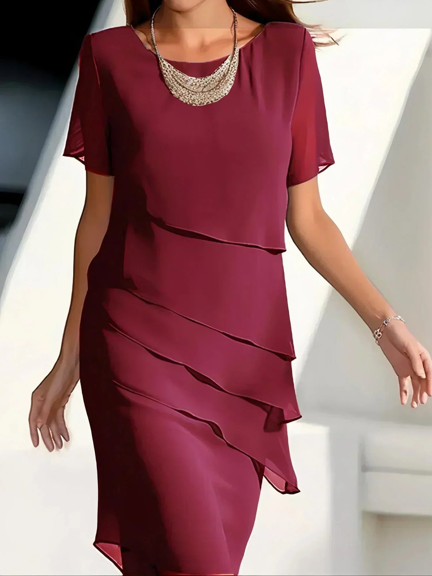 Women's Cocktail Chiffon Midi Party Dress - Red