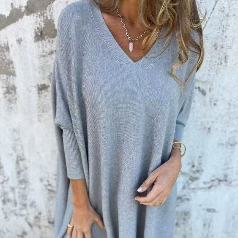 Women's Oversized Knit Ribbed V-Neck Jumper Dress - Gray