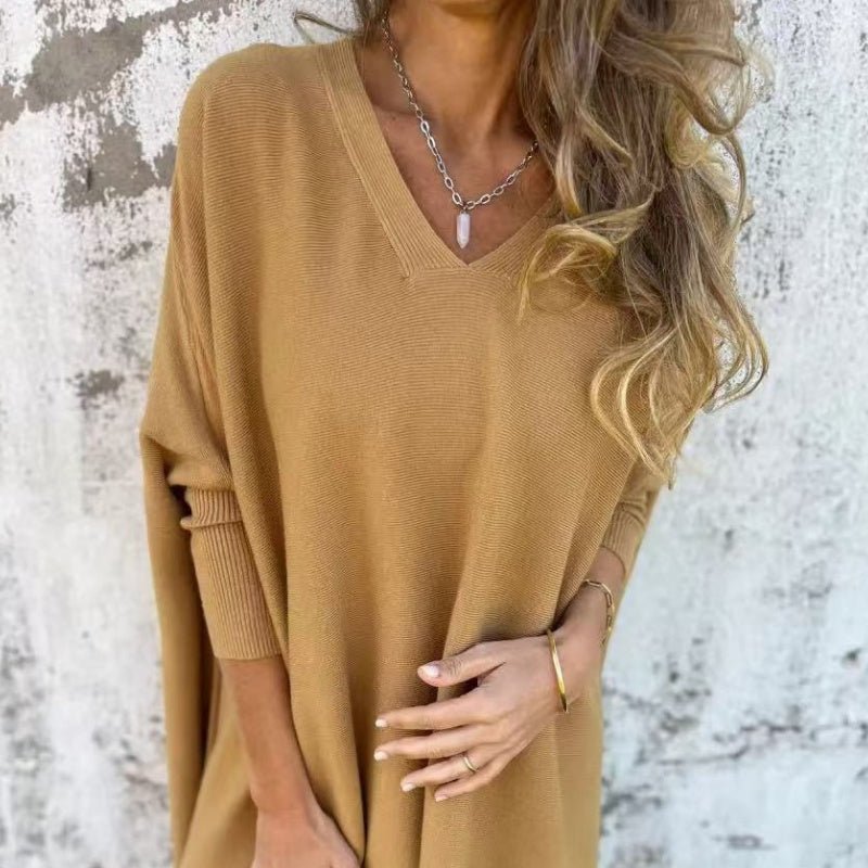 Women's Oversized Knit Ribbed V-Neck Jumper Dress - Khaki