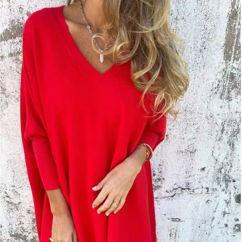 Women's Oversized Knit Ribbed V-Neck Jumper Dress - Red