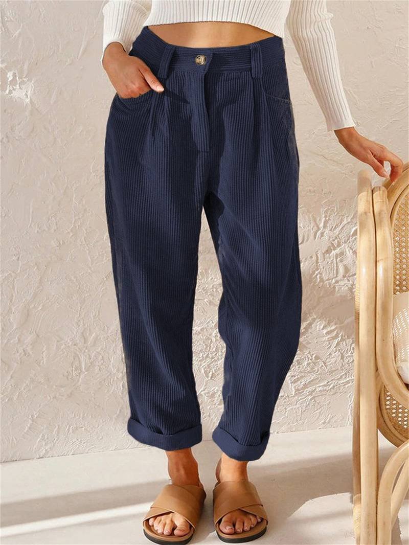 Women's High-Waisted Pleated Corduroy Trousers - Navy