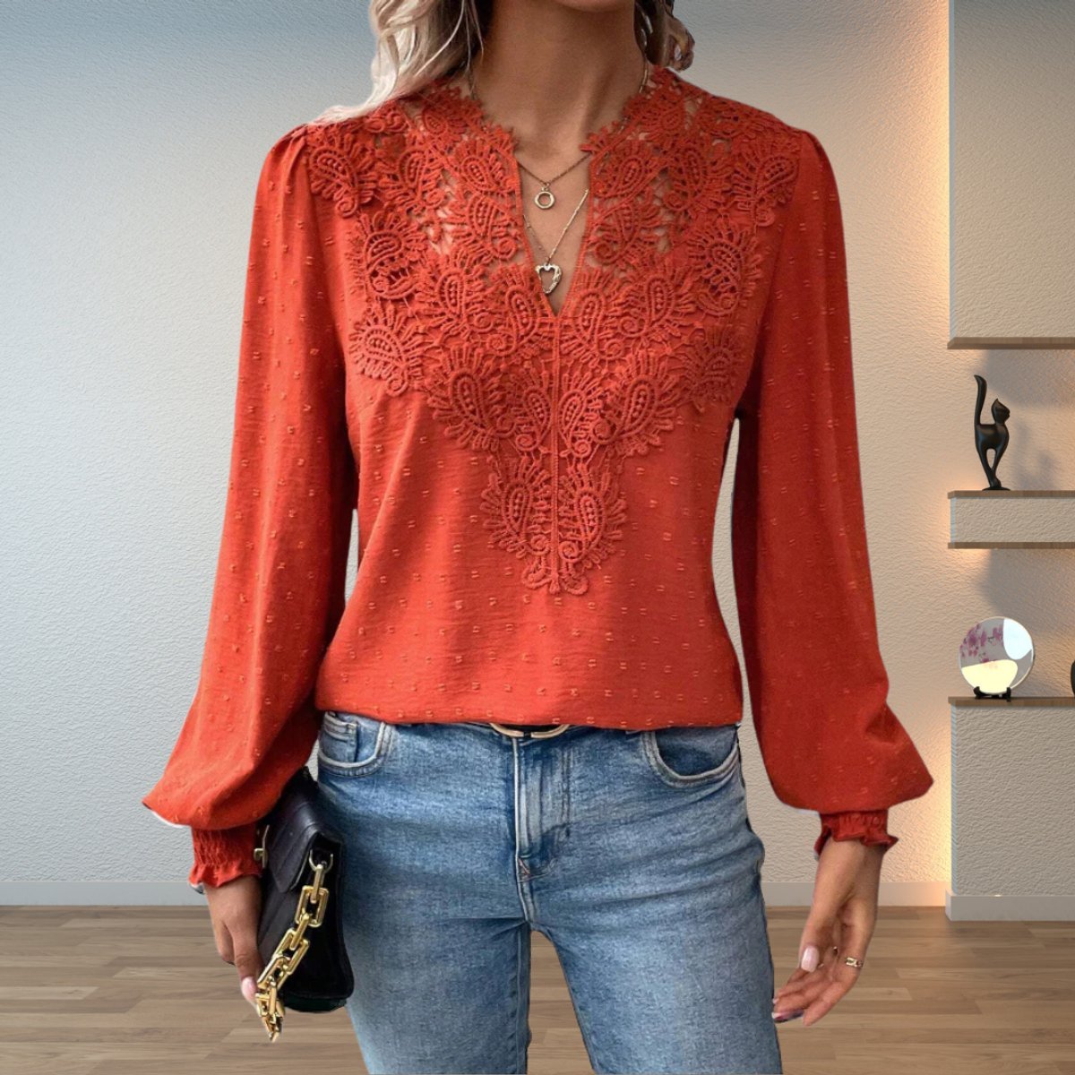 Women's Lace-Trim Blouse - Terracotta