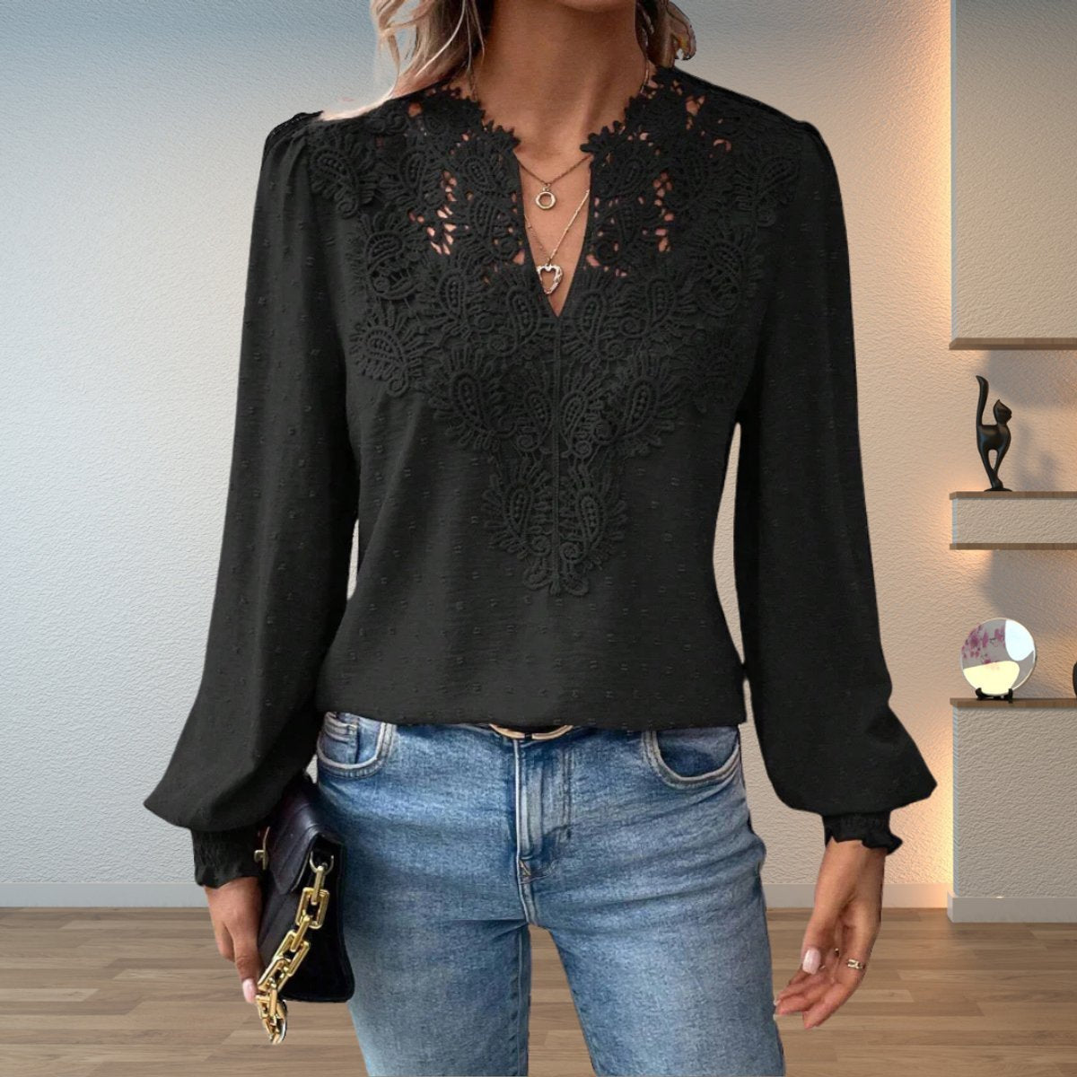 Women's Lace-Trim Blouse - Black