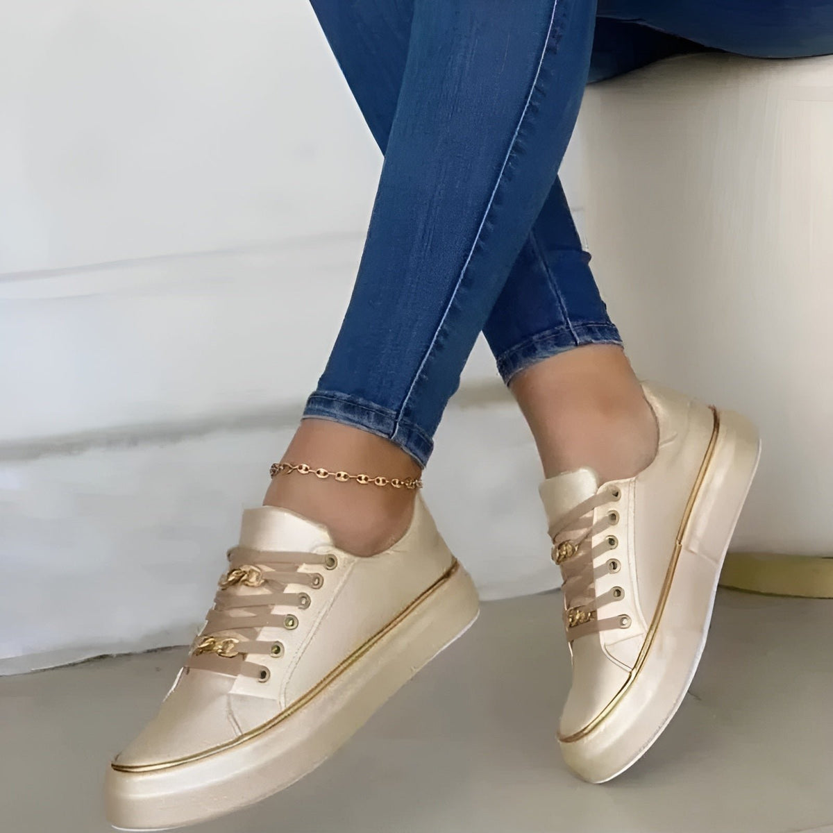 Women's Chunky Platform Lace-Up Leather Trainers - Gold