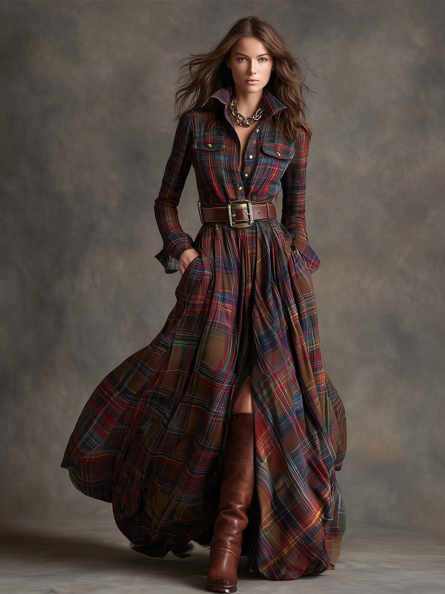 Women's Plaid Long Sleeve Maxi Shirt Dress