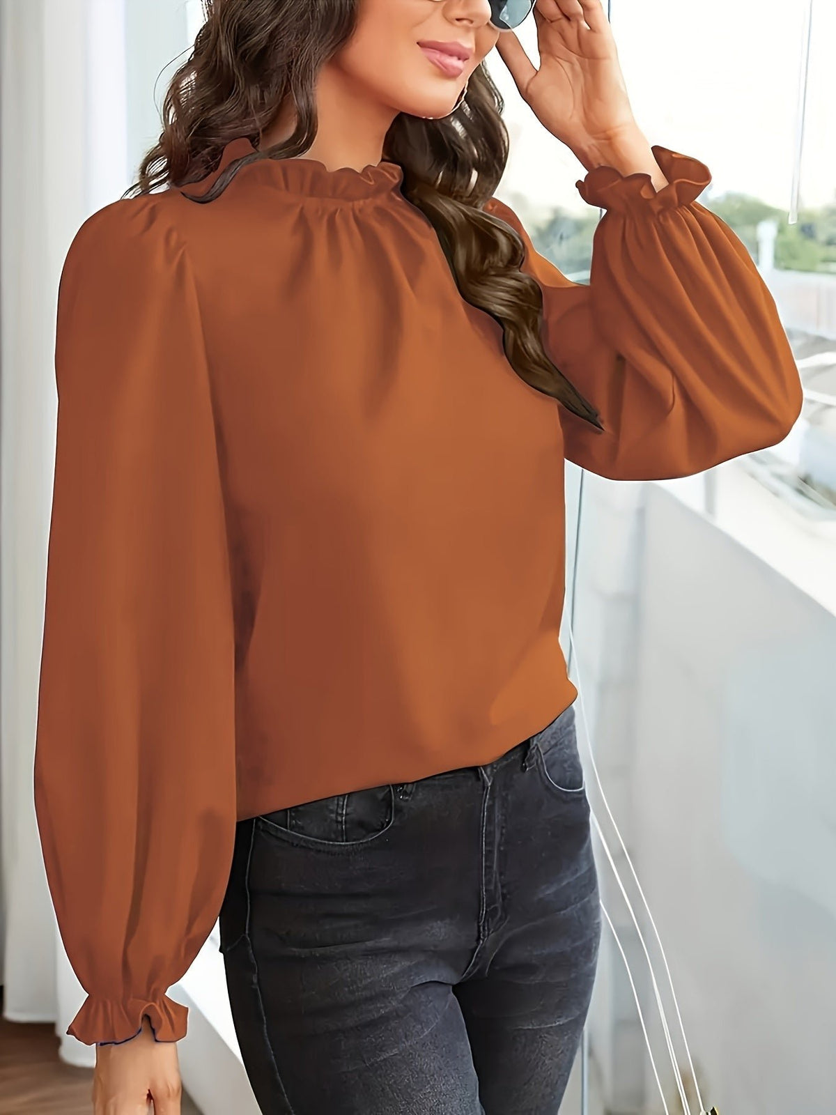 Women's Chiffon Work Ruffle Long Sleeve Blouse