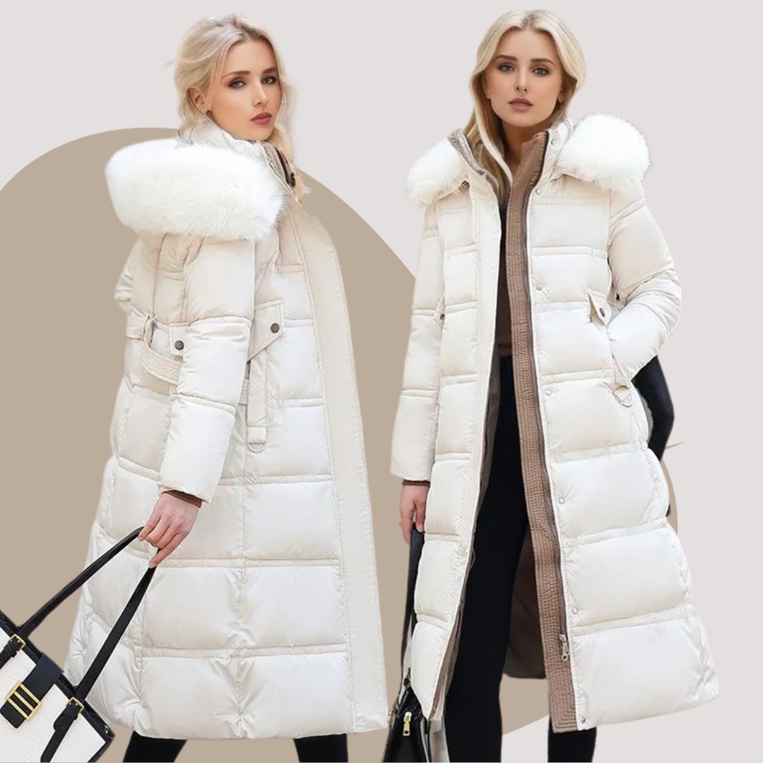 Women's Oversized Belted Longline Faux Fur Puffer Coat - White and Beige