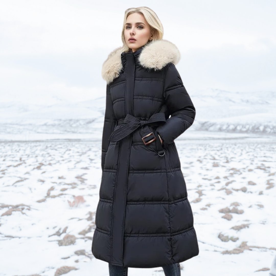 Women's Oversized Belted Longline Faux Fur Puffer Coat - Black and White