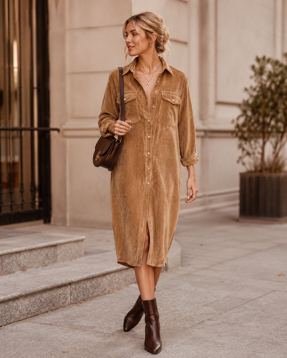 Women's Corduroy Long Sleeve Midi Shirt Dress - Khaki