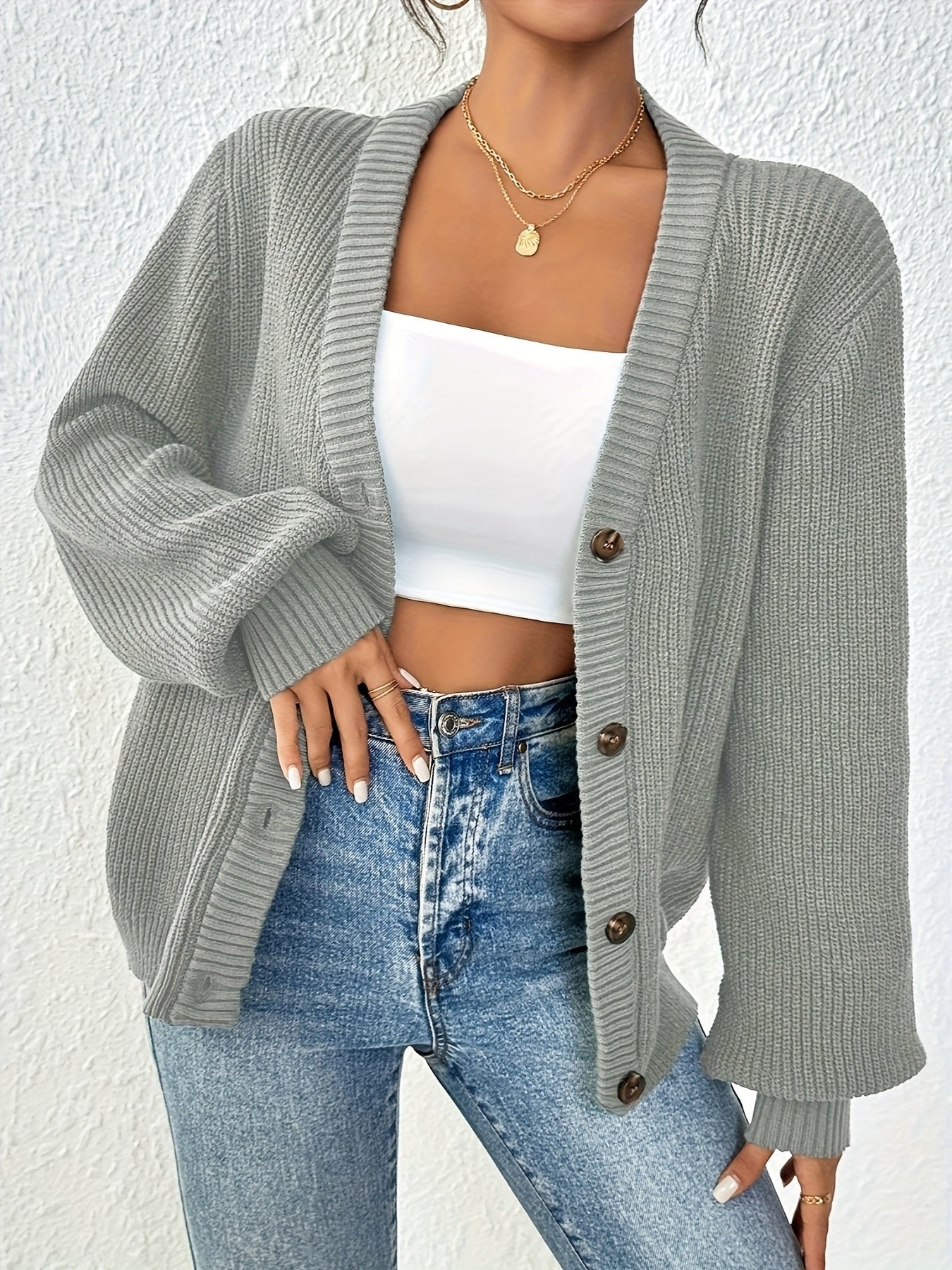 Women's Chunky Cropped Ribbed V-Neck Cardigan
