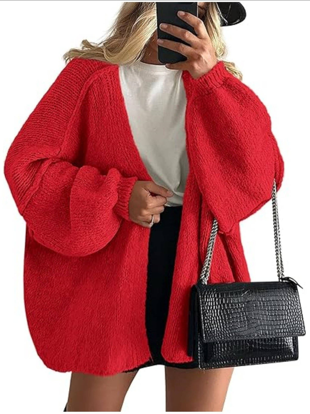 Women's Chunky Oversized Knit Ribbed Longline Cardigan - Red