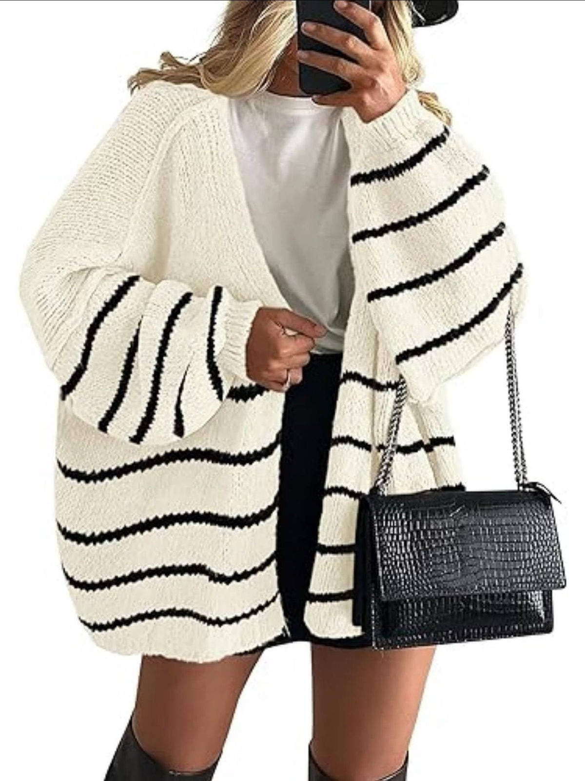 Women's Chunky Oversized Knit Ribbed Longline Cardigan - White and Black Stripes