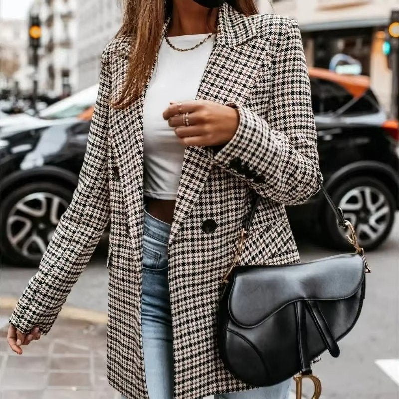 Women's Houndstooth Longline Wool Blazer