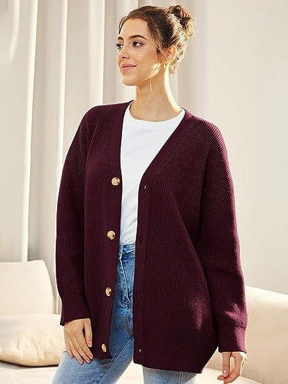 Women's Ribbed V-Neck Cardigan - Burgundy Red
