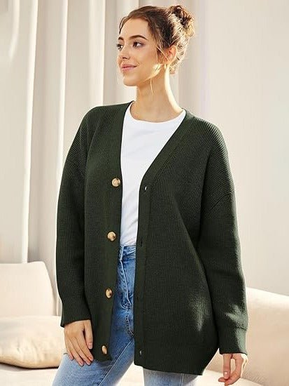 Women's Ribbed V-Neck Cardigan - Dark Green