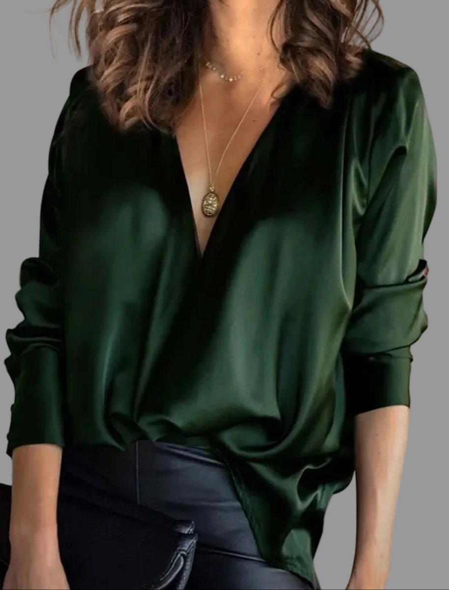 Women's Oversized Draped V-Neck Satin Long Sleeve Blouse - Green