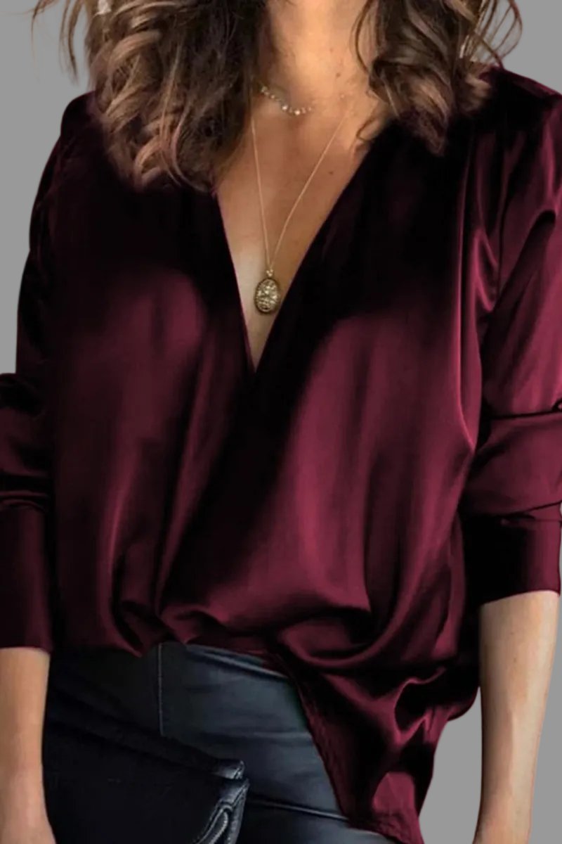 Women's Oversized Draped V-Neck Satin Long Sleeve Blouse - Burgundy