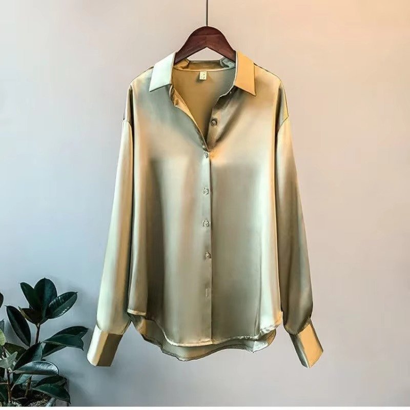Women's Oversized Satin Blouse - Army Green