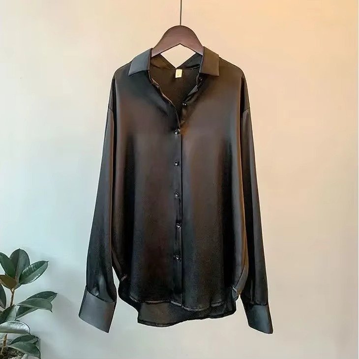 Women's Oversized Satin Blouse - Black