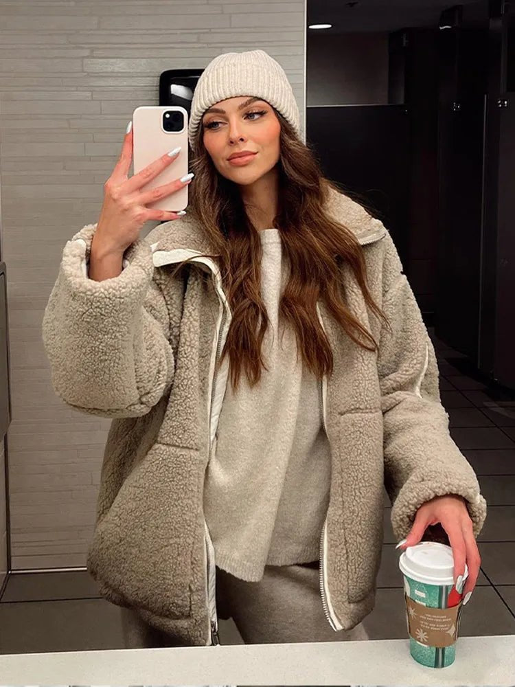 Women's Oversized Teddy Jacket - Beige