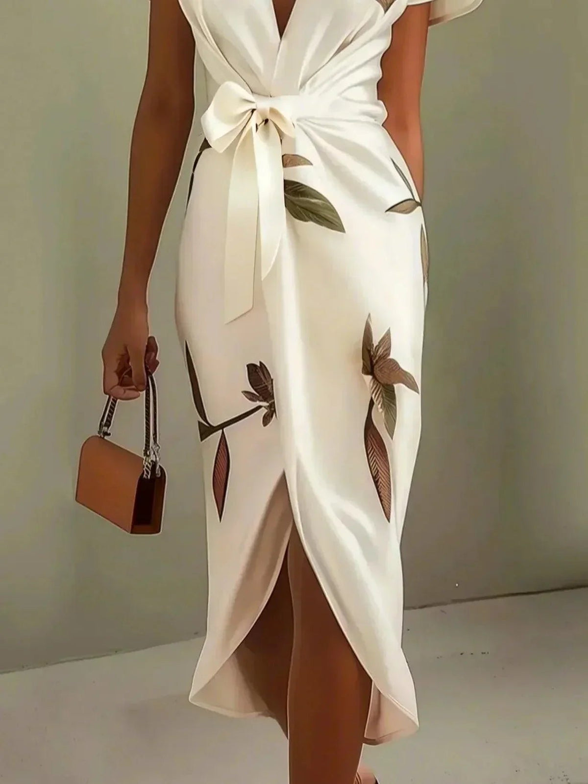 Women's Floral Satin Wrap Midi Party Dress