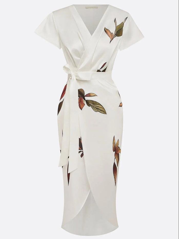 Women's Floral Satin Wrap Midi Party Dress