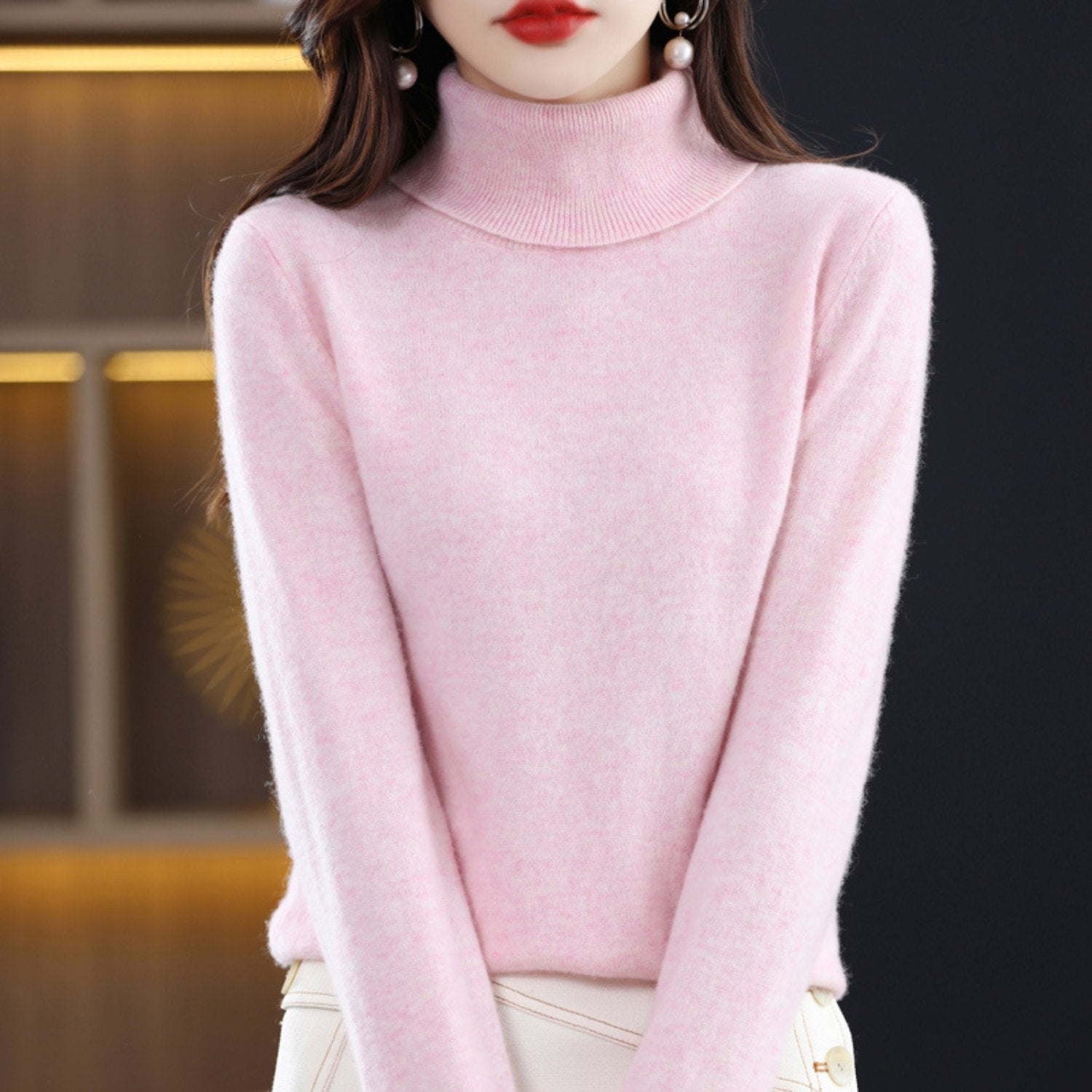 Women's Slim Cashmere Wool Roll Neck Jumper - Light pink