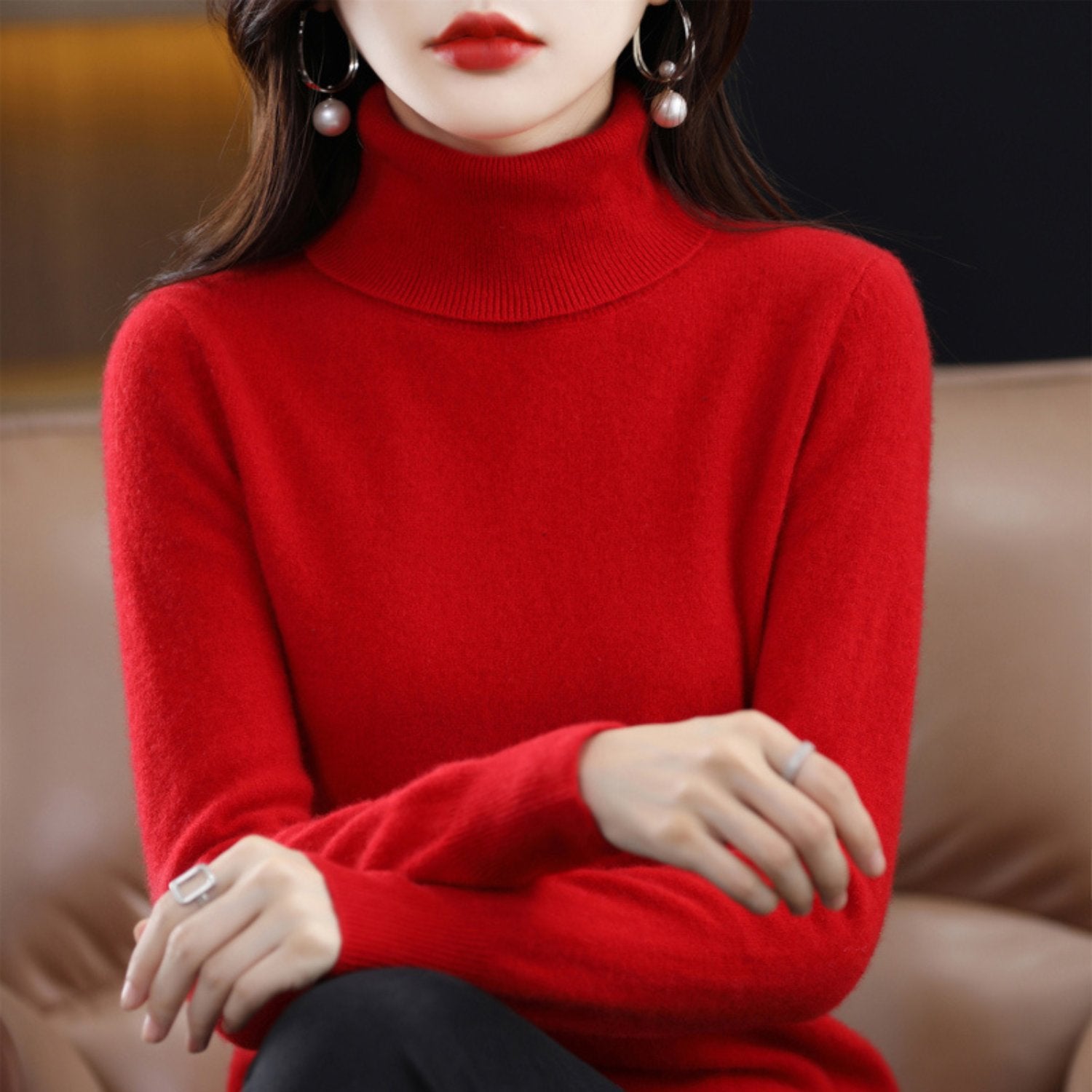 Women's Slim Cashmere Wool Roll Neck Jumper - Red