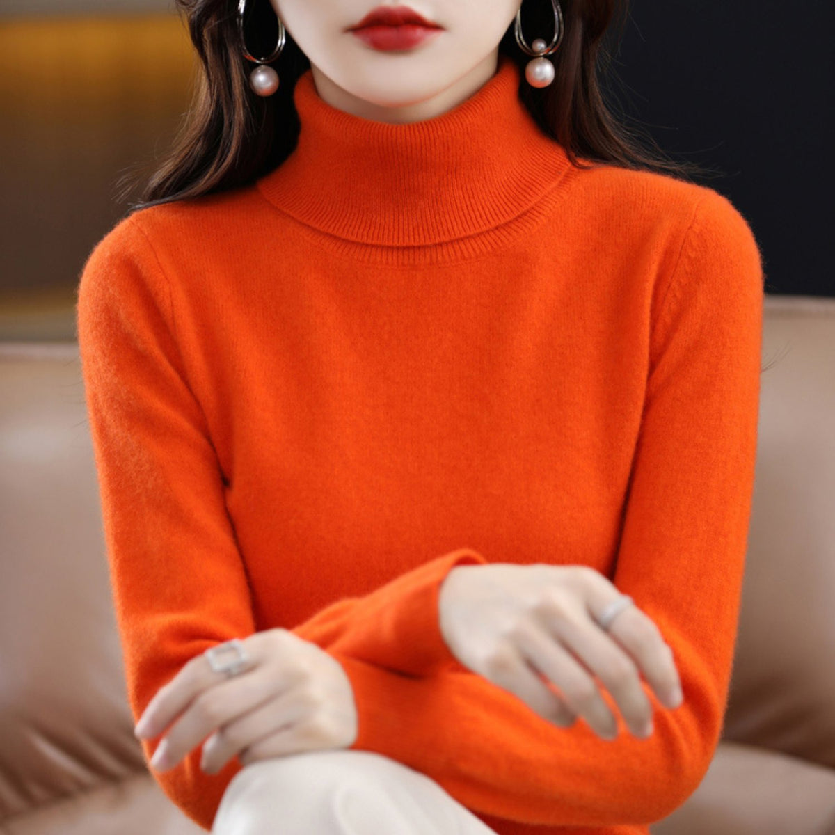 Women's Slim Cashmere Wool Roll Neck Jumper - Orange