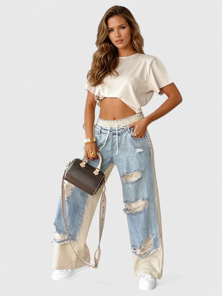 Women's Wide-Leg Denim Trousers - Light Blue