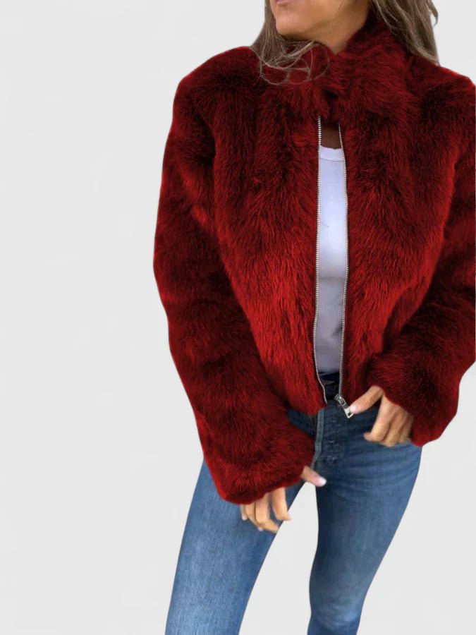 Women's Cropped Faux Fur Jacket - Red
