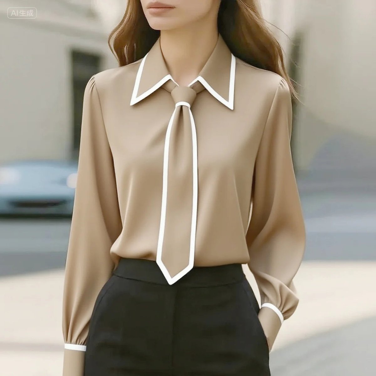 Women's Work Tie-Neck Satin Long Sleeve Blouse - Beige