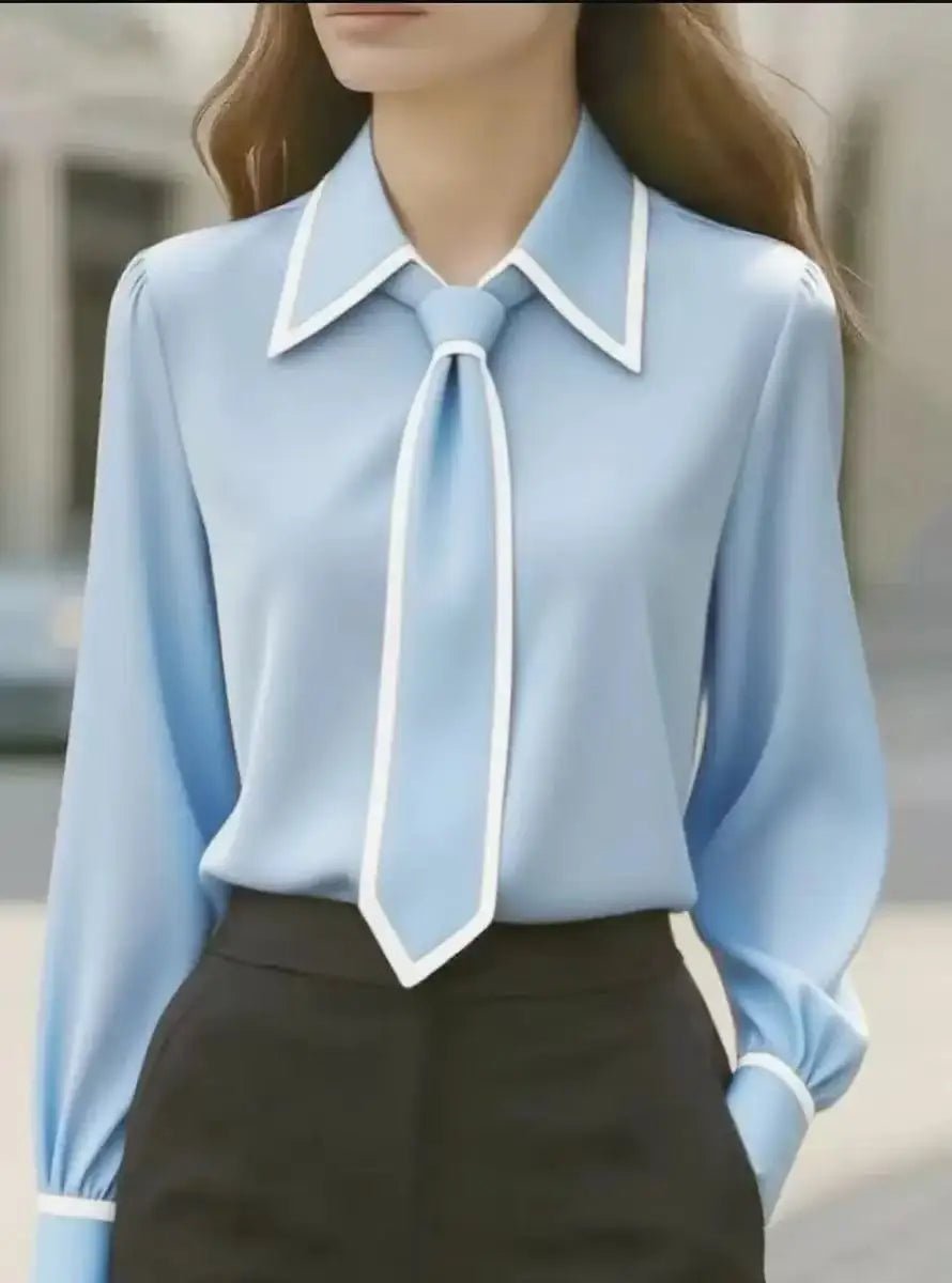 Women's Work Tie-Neck Satin Long Sleeve Blouse - Sky Blue
