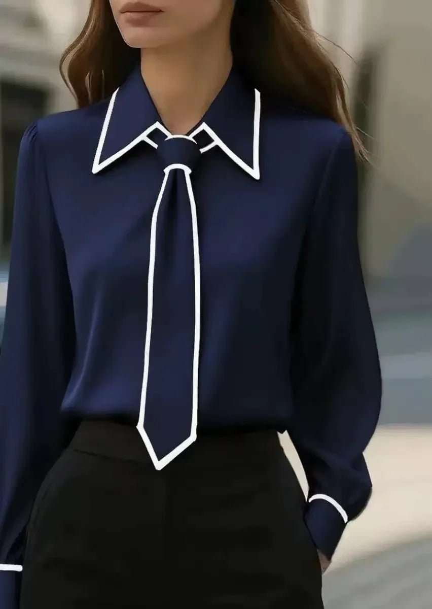 Women's Work Tie-Neck Satin Long Sleeve Blouse - Navy Blue