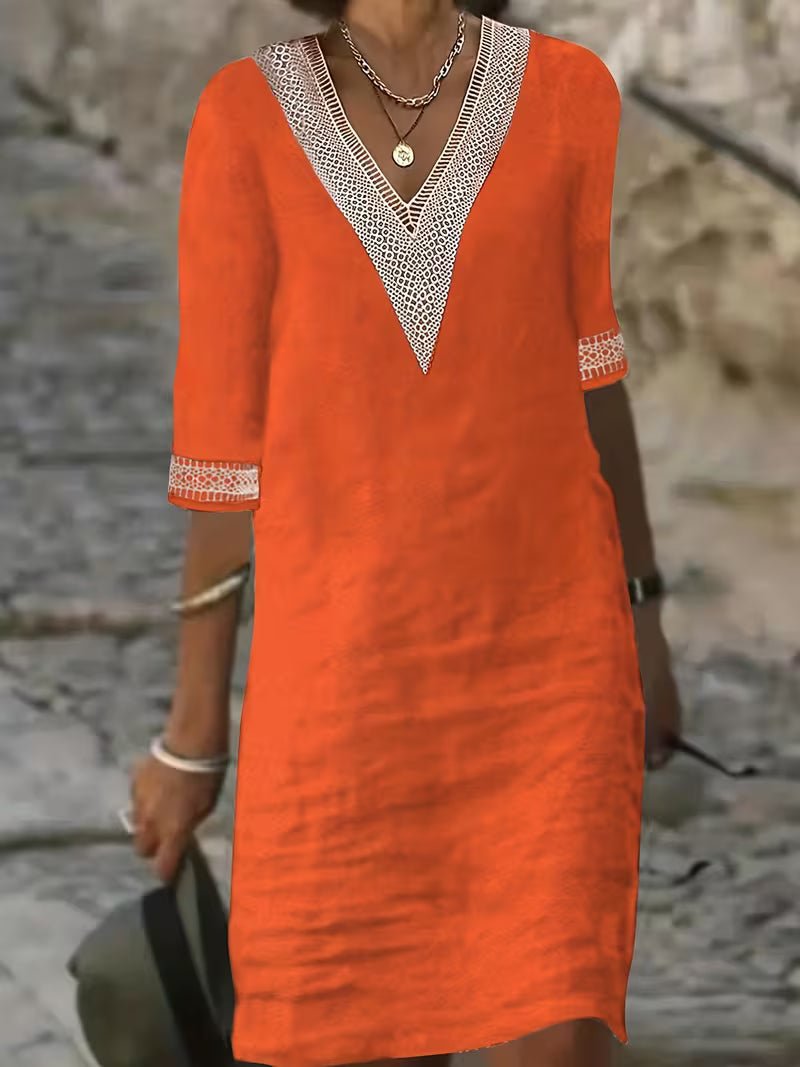 Women's Black Vacation V-Neck Lace Shift Dress - Orange