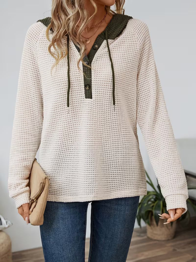 Women's Waffle Knit Hooded Henley Long Sleeve Top - Beige